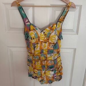 Vintage 1950s Lee Swim Play Bathing Suit French Novelty Print S